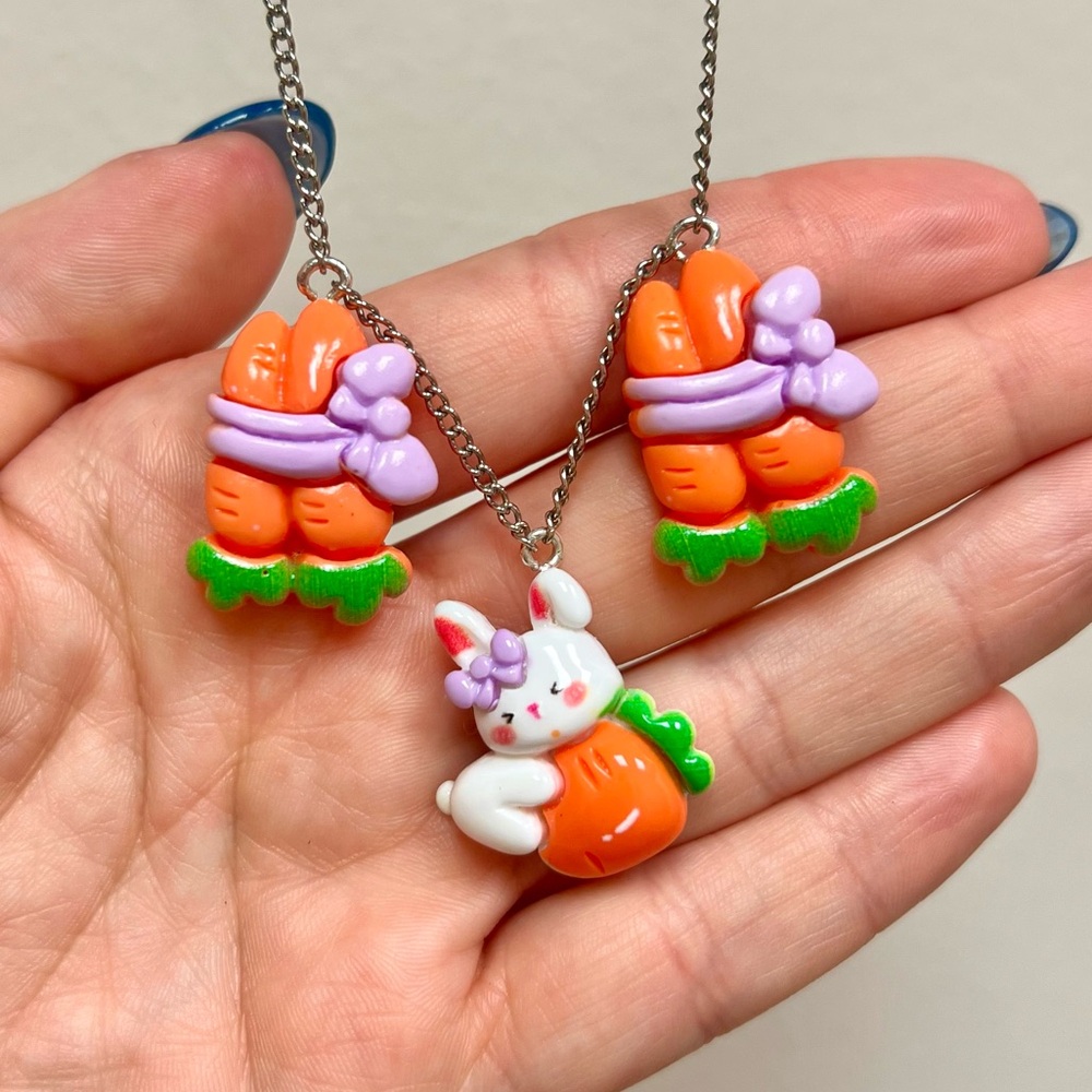 HANDCRAFTED - UPCYCLED 🥕 Easter Bunny & Carrot Multi-Charm Necklace - Picture 2 of 4